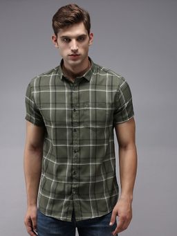 SHOWOFFFF - Men Olive Collar Neck Tartan Checks Comfort Fit Shirt