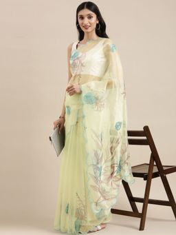 Vastranand - Green Organza Party Wear Saree with Unstitched Blouse