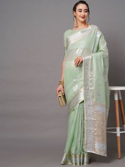 Odette - Green Festive Silk Blend Woven Design Saree with Unstitched Blouse
