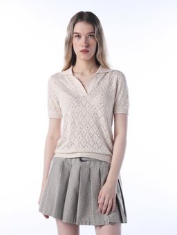 ONLY - Women Beige Self Design Polo T-Shirt