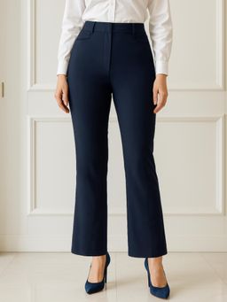 Martini - Women Navy Blue Solid Straight Formal Trouser