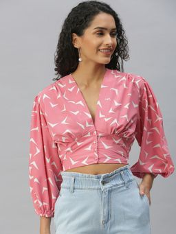 SHOWOFF - Women Plunging Neck Abstract Pink Crop Top