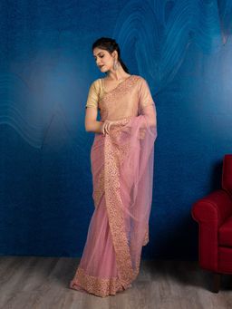 Beatitude - Pink Gold-Toned Net Saree with Unstitched Blouse