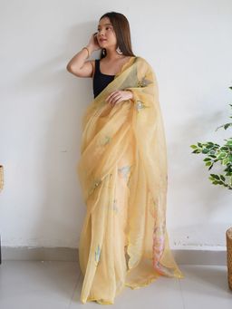 Odette - Yellow Printed Organza Saree with Unstitched Blouse