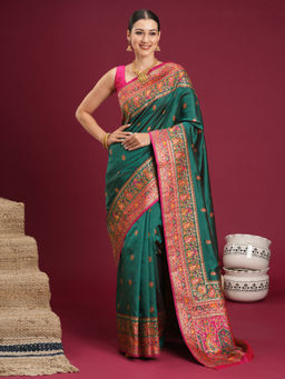 Akhilam - Women's Soft Silk Teal Woven Design Banarasi Saree with Unstitched Blouse