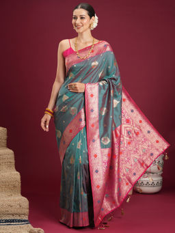 Akhilam - Women's Soft Silk Aqua Woven Design Banarasi Saree with Unstitched Blouse