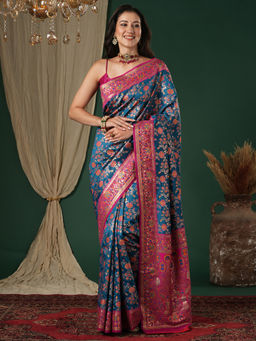Akhilam - Women's Soft Silk Teal Woven Design Banarasi Saree with Unstitched Blouse