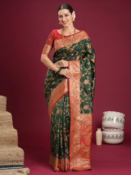 Akhilam - Women's Soft Silk Green Woven Design Banarasi Saree with Unstitched Blouse