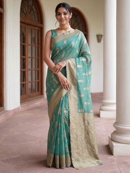 Akhilam - Women's Silk Blend Mint Green Woven Design Banarasi Saree with Unstitched Blouse