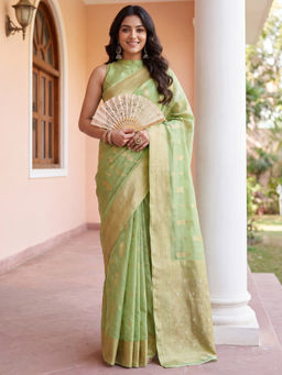 Akhilam - Silk Blend Light Green Woven Design Banarasi Saree with Unstitched Blouse