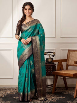Akhilam - Women's Nylon Teal Woven Design Banarasi Saree with Unstitched Blouse