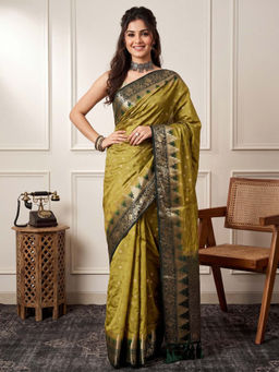 Akhilam - Women's Nylon Light Green Woven Design Banarasi Saree with Unstitched Blouse