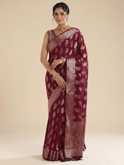 Akhilam - Women's Georgette Maroon Woven Design Banarasi Saree With Unstitched Blouse