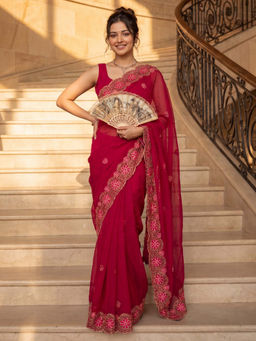 Akhilam - Women's Chiffon Red Zari Embroidered Party Wear Saree With Unstitched Blouse