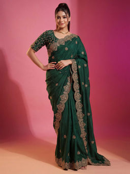 Akhilam - Women's Georgette Green Zari Embroidered Party Wear Saree With Unstitched Blouse