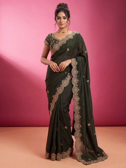 Akhilam - Women's Georgette Olive Zari Embroidered Party Wear Saree With Unstitched Blouse