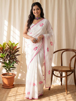 Akhilam - Women's Chanderi Cotton White Saree With Unstitched Blouse