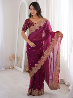 Akhilam - Women's Satin Magenta Embellished Party Wear Saree with Unstitched Blouse