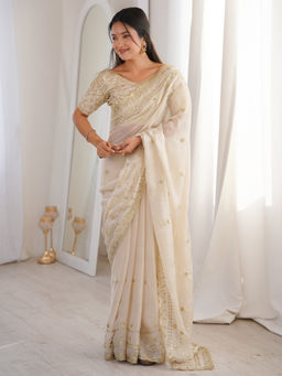 Akhilam - Women's Satin Off White Embellished Party Wear Saree With Unstitched Blouse