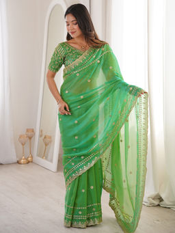 Akhilam - Women's Satin Mint Green Embellished Party Wear Saree With Unstitched Blouse