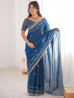 Akhilam - Women's Satin Teal Embellished Party Wear Saree With Unstitched Blouse