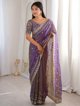 Akhilam - Women's Satin Purple Embellished Party Wear Saree With Unstitched Blouse