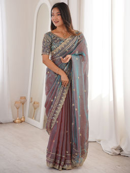 Akhilam - Women's Satin Mauve Embellished Party Wear Saree With Unstitched Blouse