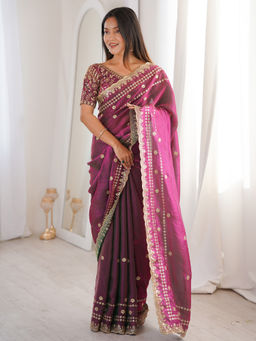 Akhilam - Women's Satin Magenta Embellished Party Wear Saree With Unstitched Blouse