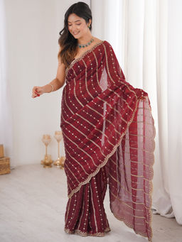 Akhilam - Women's Satin Maroon Zari Embroidered Party Wear Saree With Unstitched Blouse