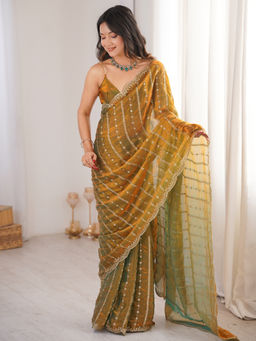 Akhilam - Women's Satin Gold Zari Embroidered Party Wear Saree With Unstitched Blouse