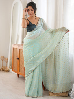 Akhilam - Women's Satin Light Blue Design Party Wear Saree With Unstitched Blouse