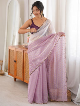 Akhilam - Women's Satin Lavender Design Party Wear Saree With Unstitched Blouse