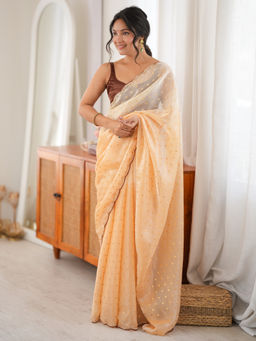 Akhilam - Women's Satin Yellow Design Party Wear Saree With Unstitched Blouse