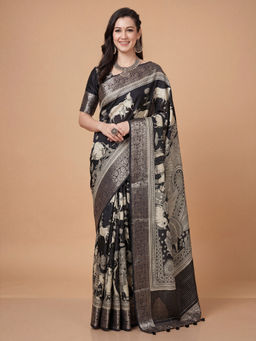 Akhilam - Women's Viscose Black Printed Banarasi Saree with Unstitched Blouse