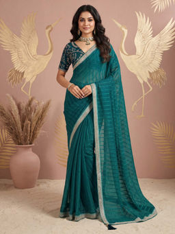 Akhilam - Women's Chiffon Teal Embellished Party Wear Saree with Unstitched Blouse