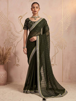 Akhilam - Women's Chiffon Olive Embellished Party Wear Saree with Unstitched Blouse