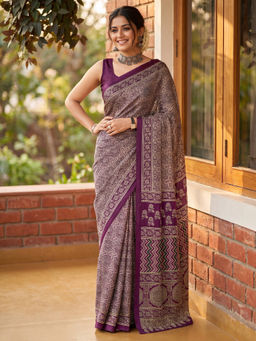Akhilam - Women's Crepe Wine Digital Print Block Print Saree with Unstitched Blouse