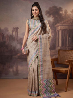 Akhilam - Women's Satin Silk Beige Printed Tussar Saree with Unstitched Blouse