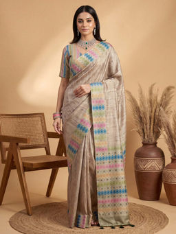 Akhilam - Women's Satin Silk Beige Printed Tussar Saree with Unstitched Blouse