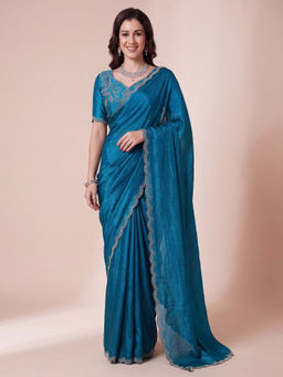 Akhilam - Women's Chiffon Teal Embellished Party Wear Saree with Unstitched Blouse
