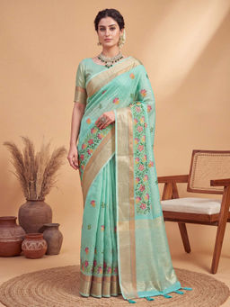 Akhilam - Women's Linen Turquoise Woven Design Party Wear Saree with Unstitched Blouse