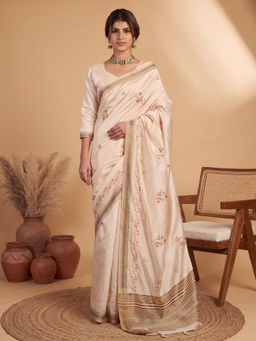Akhilam - Women's Linen Blend Cream Woven Design Kasavu Saree with Unstitched Blouse