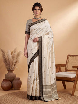 Akhilam - Women's Linen Off White Embroidered Tussar Saree with Unstitched Blouse