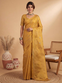 Akhilam - Women's Linen Mustard Woven Design Tussar Saree with Unstitched Blouse