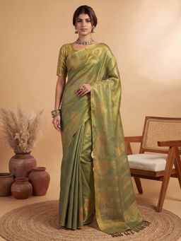 Akhilam - Women's Linen Light Green Woven Design Tussar Saree with Unstitched Blouse