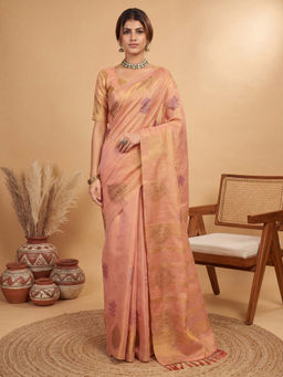 Akhilam - Women's Linen Pink Woven Design Banarasi Saree with Unstitched Blouse