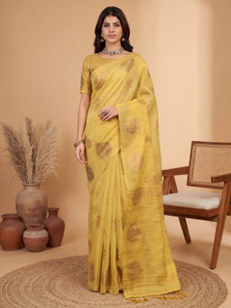 Akhilam - Women's Linen Yellow Woven Design Banarasi Saree with Unstitched Blouse
