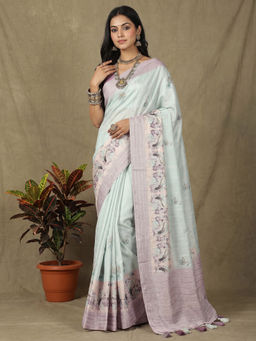 Akhilam - Women's Silk Blend Light Blue Printed Tussar Saree With Unstitched Blouse
