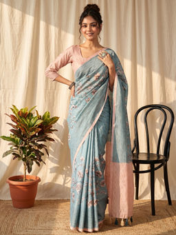 Akhilam - Women's Silk Blend Teal Printed Tussar Saree With Unstitched Blouse