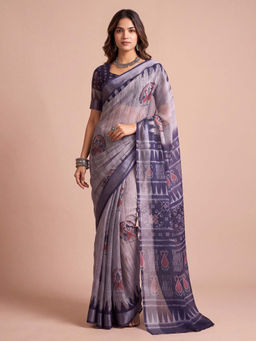 Akhilam - Women's Linen Grey Printed Ikat Saree With Unstitched Blouse